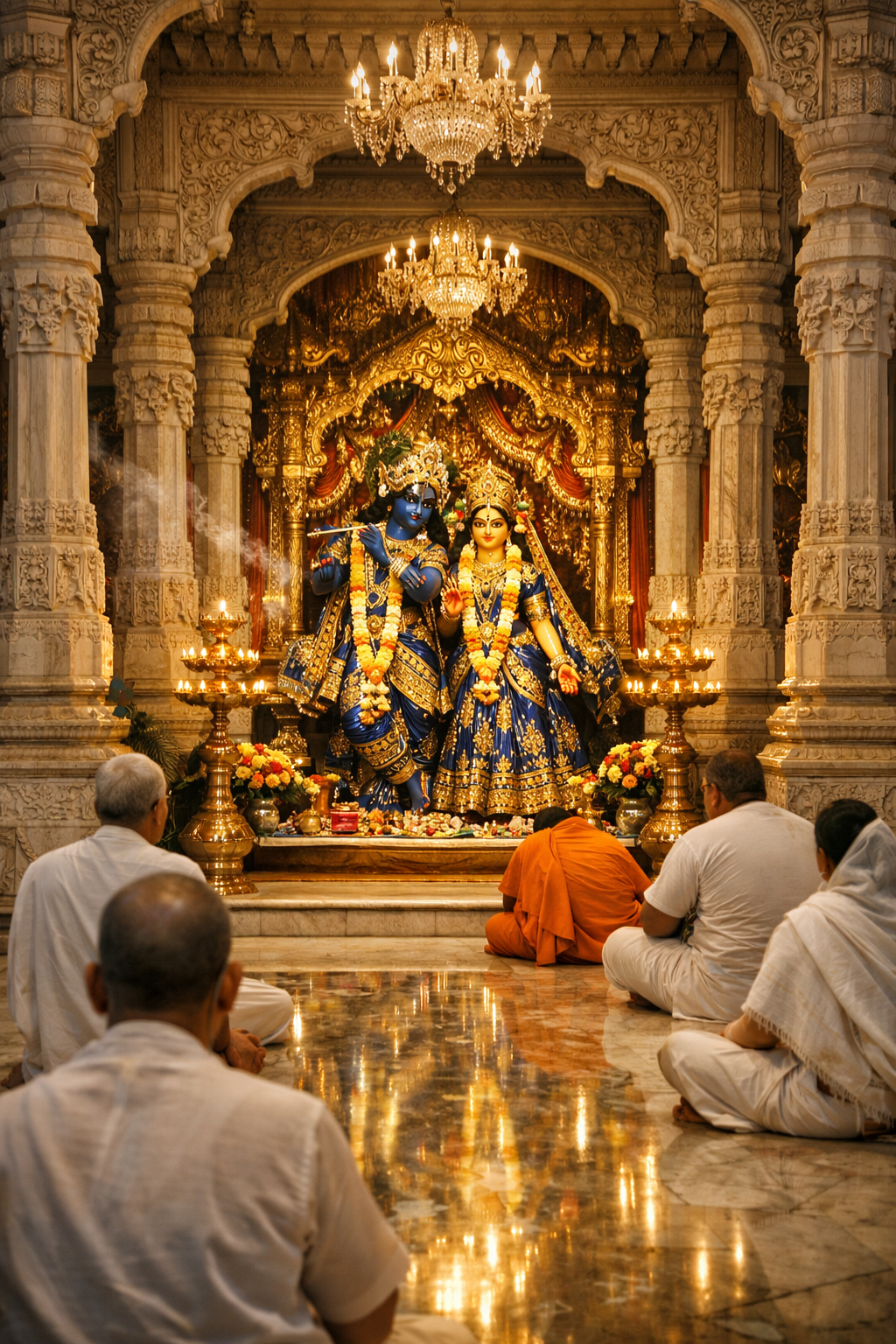 Radha Krishna temple interior with devotees offering prayers brass lamps and incense smoke
